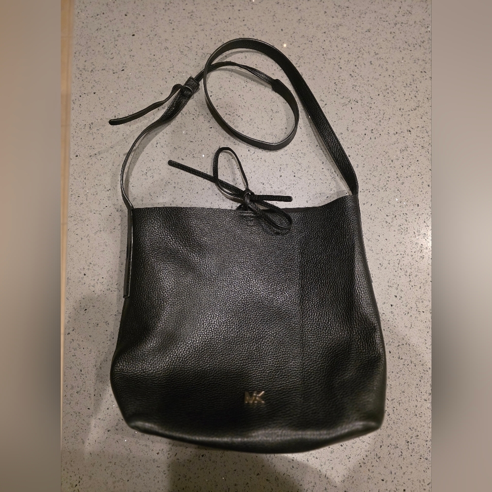 Michael Kors Black Pebbled Leather Shoulder Bag With Tie Top